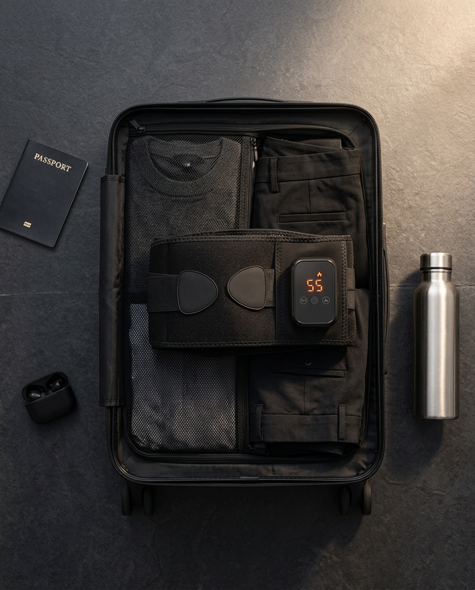 Heated waist belt packed inside an open carry-on suitcase, flat-lay travel scene