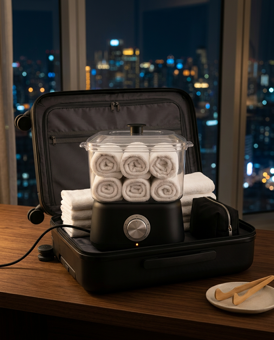 Towel warmer packed in an open carry-on suitcase by a night city window