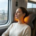 Woman resting on a train with the glowing heated neck pillow supporting her neck