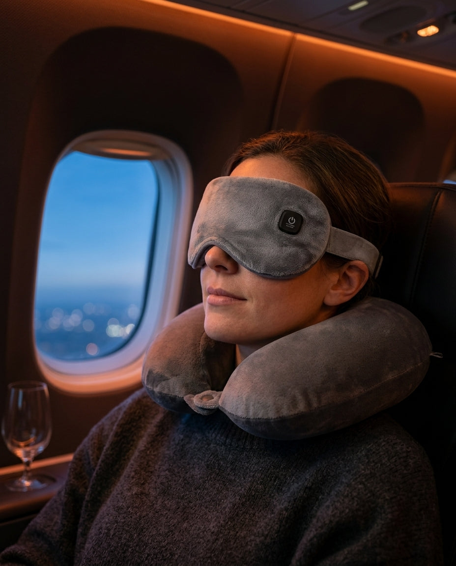 Woman resting on a flight wearing the grey heated eye mask and neck pillow