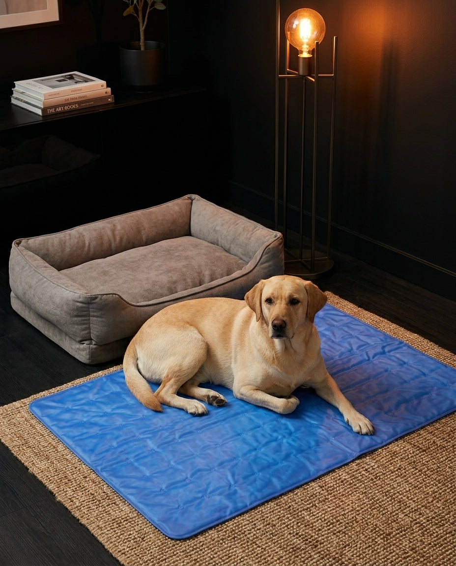 Yellow Labrador resting on the blue cooling gel pad beside a pet bed