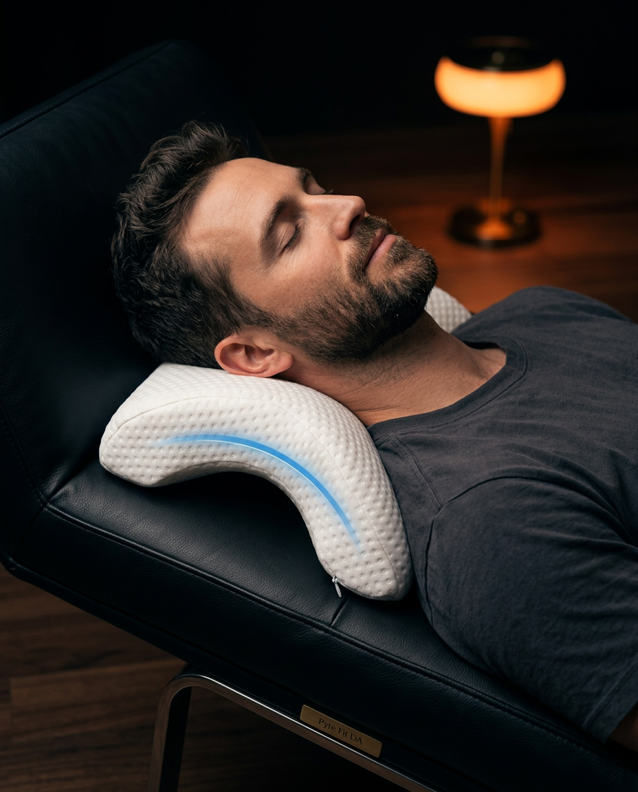 Man reclining with the cuddle pillow supporting his neck on a dark sofa