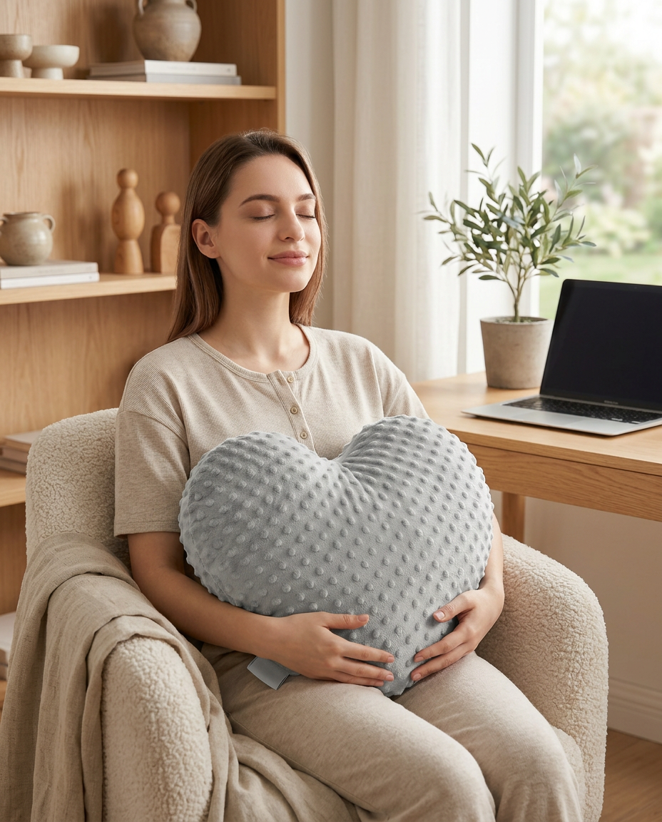 Woman resting on an armchair holding the weighted heart cushion on a work break