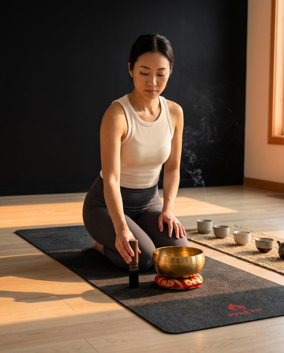Woman kneeling on a yoga mat playing the brass singing bowl with incense