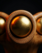 Extreme macro of a brass massage bead seated in its wooden socket joint