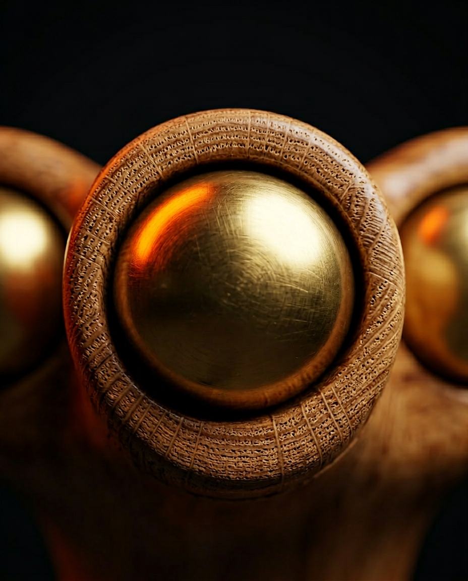 Extreme macro of a brass massage bead seated in its wooden socket joint