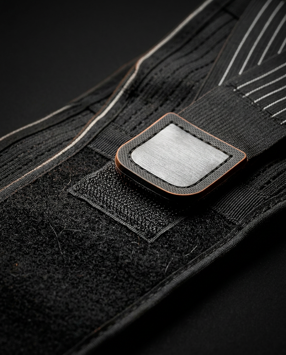 Macro of the hook-and-loop closure and front buckle of the support belt