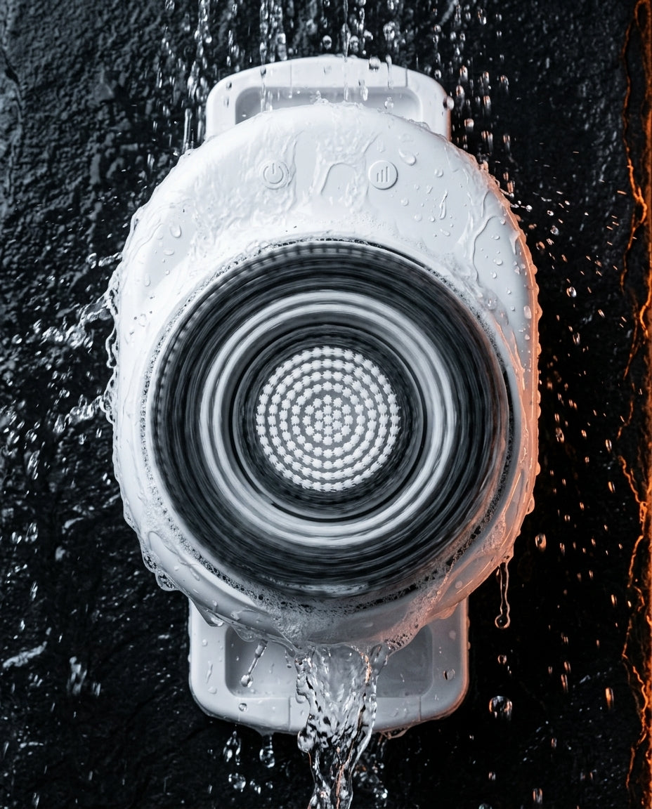 Wall-mounted shower scrubber under running water showing its waterproof rating