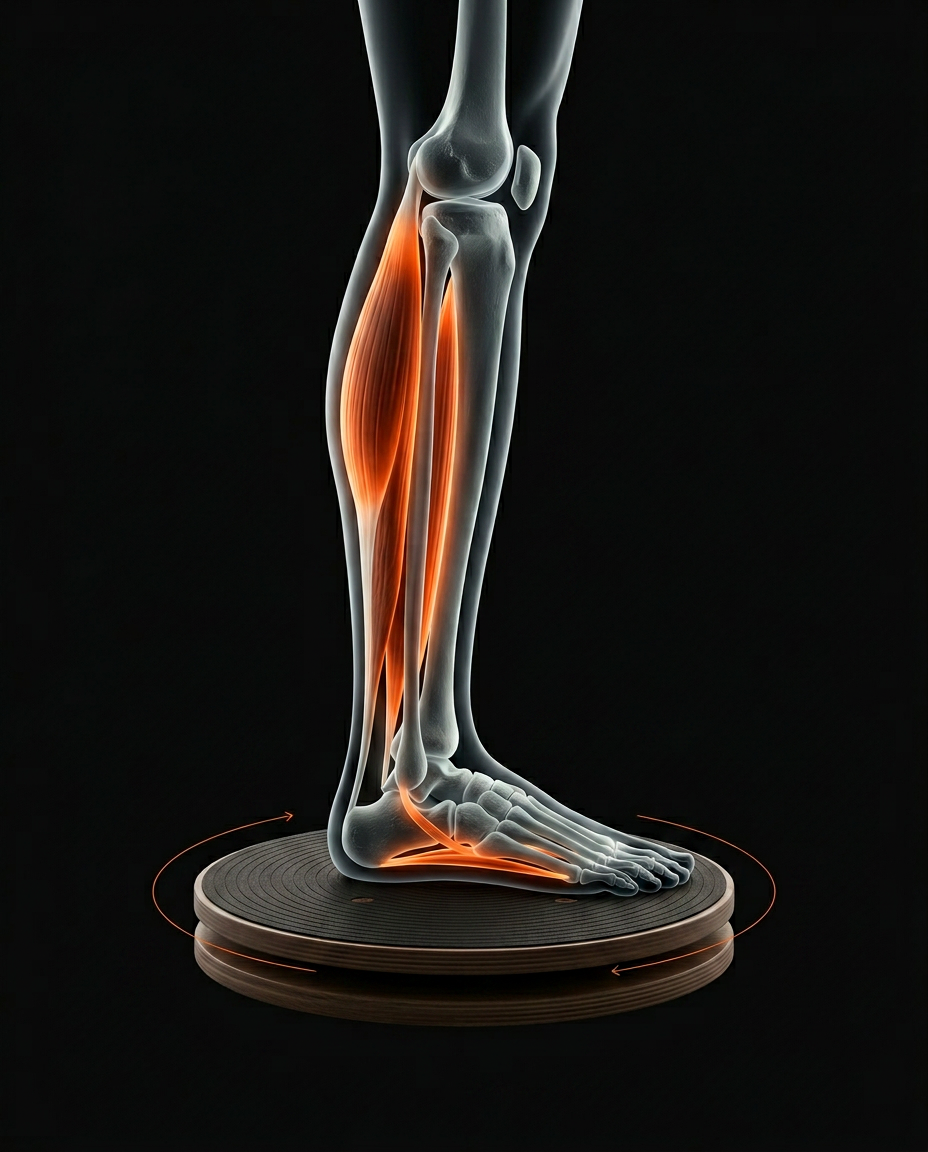 Anatomy diagram of lower leg and ankle muscles engaged on the balance board