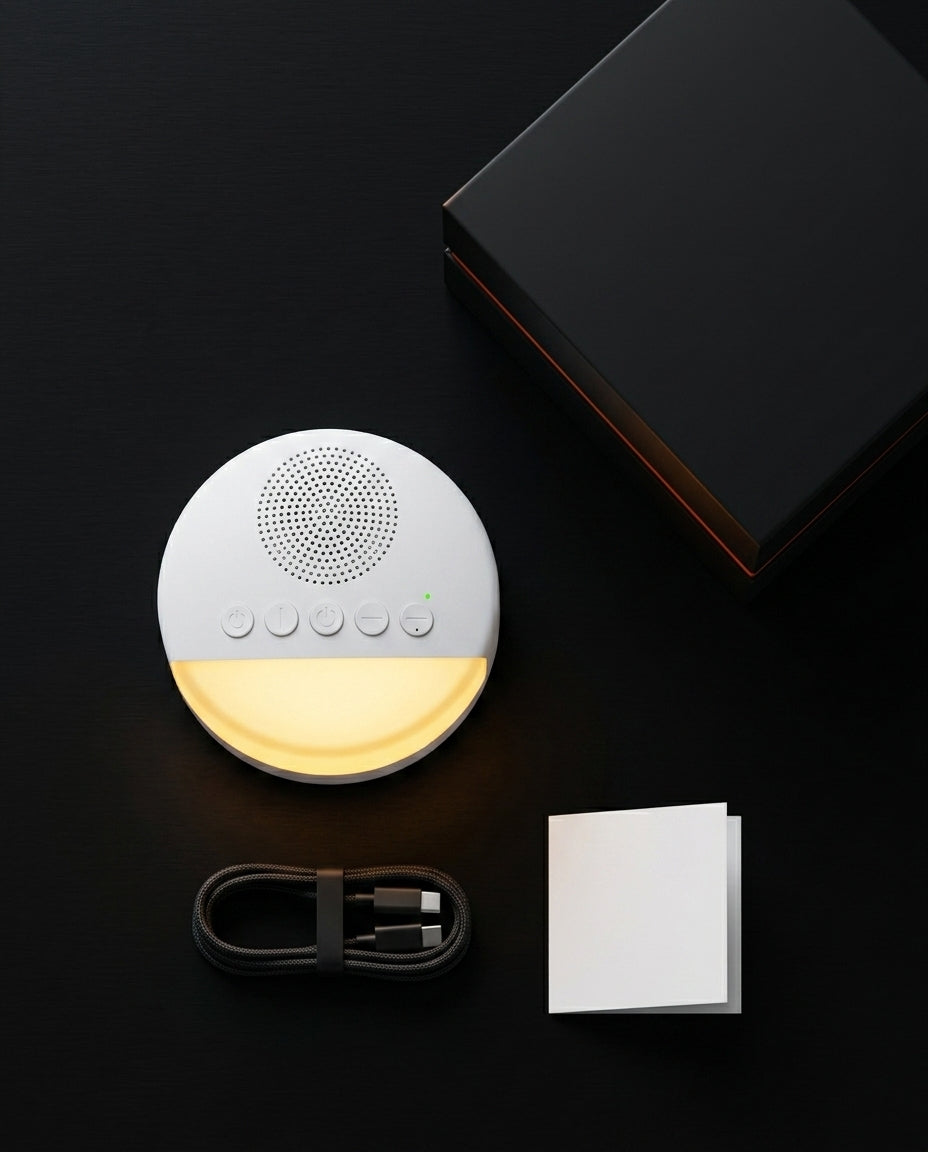 Sleep machine unboxed beside its black box, USB cable and manual