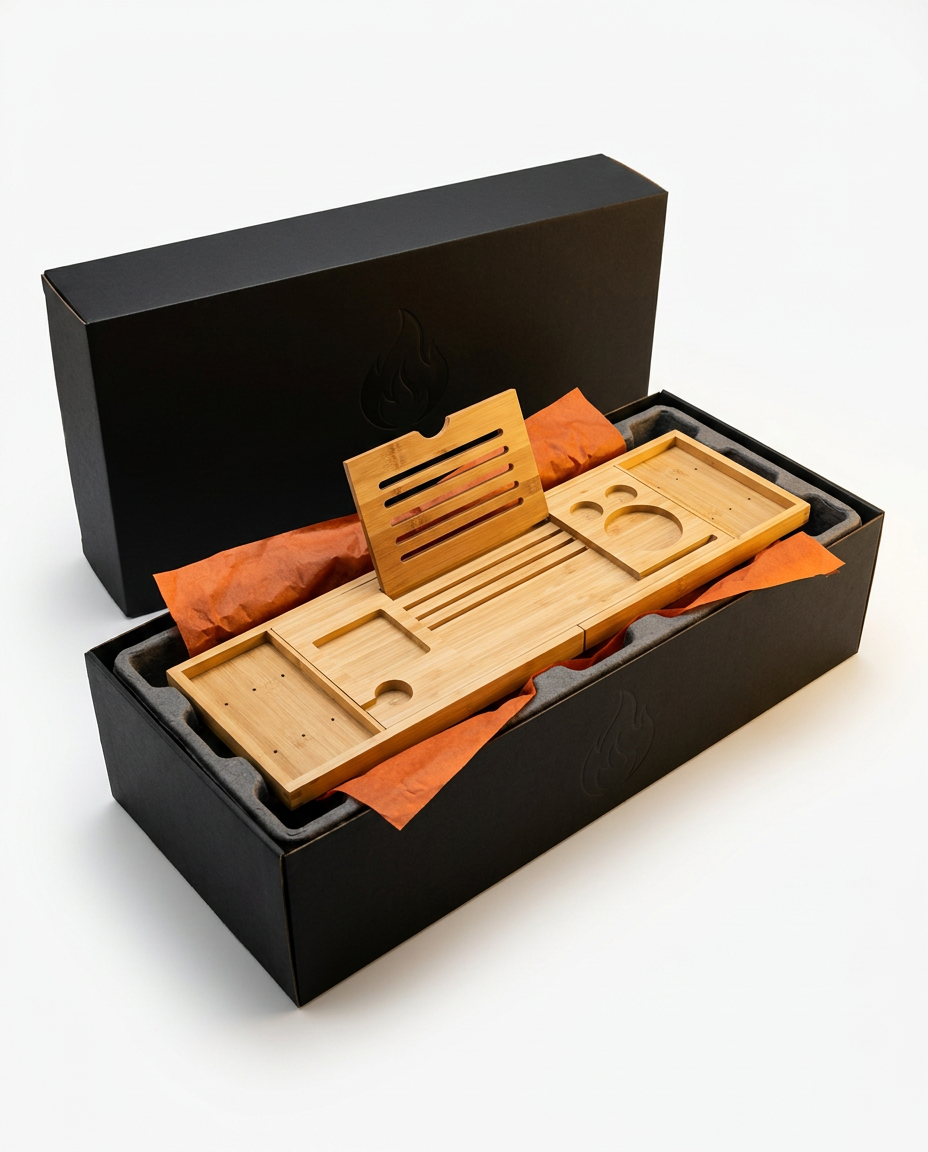 Bamboo bath caddy in premium black box with orange tissue unboxing