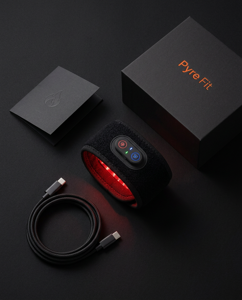 Red light wrist strap unboxed with USB-C charging cable and gift box