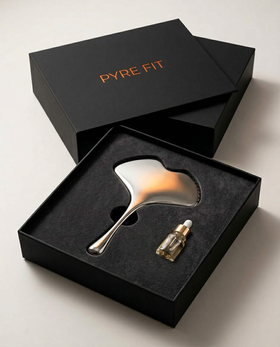 Pyre Fit black gift box with the facial massage tool and serum in foam insert