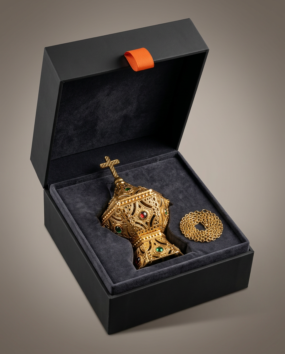 Gold censer and coiled chain nestled in a black velvet gift box