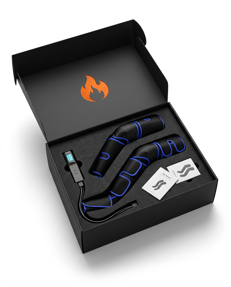 Open gift box with the leg massagers, controller and accessories in foam