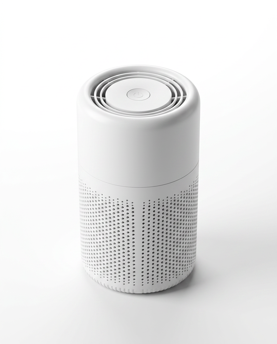 Three-quarter view of the white desktop air purifier with top vents and mesh