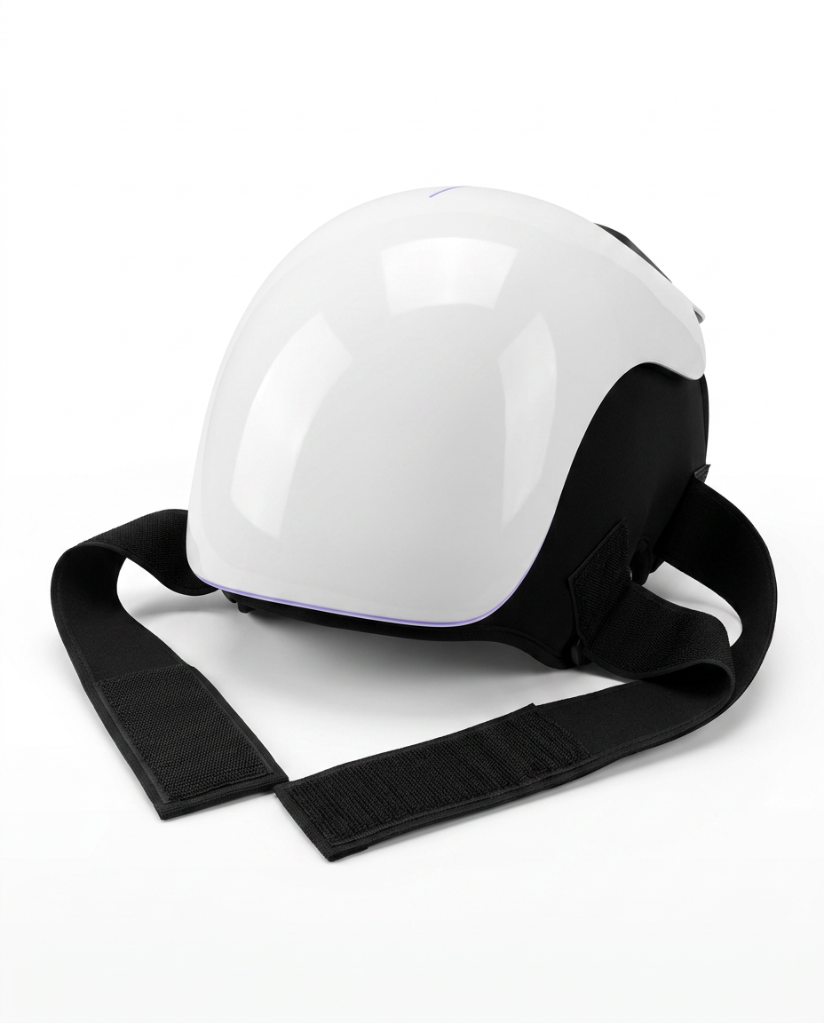 White heated knee massager rear three-quarter view showing strap, on white