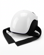 White heated knee massager rear three-quarter view showing strap, on white