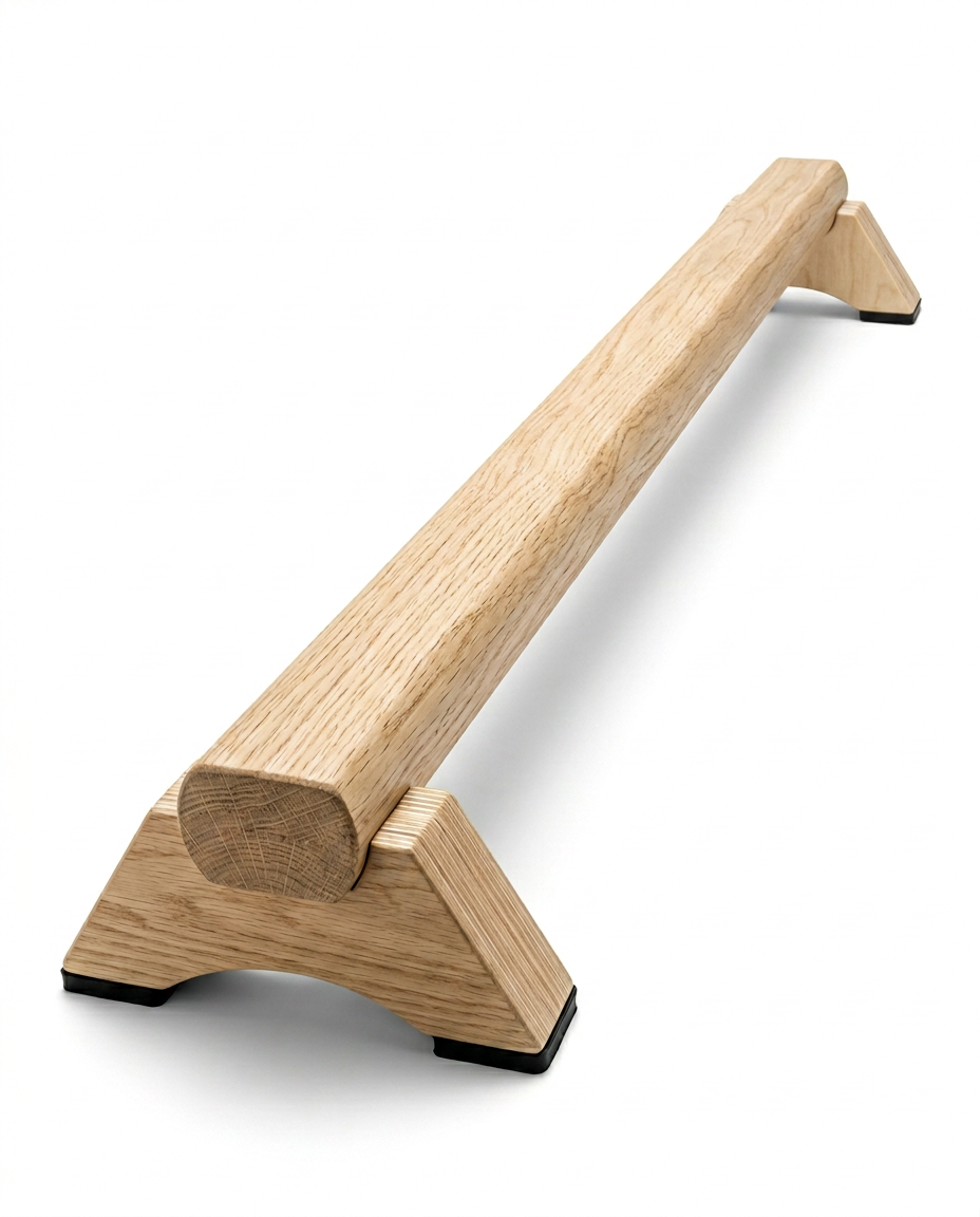 Full wooden balance trainer bar shown at an angle, studio packshot on white