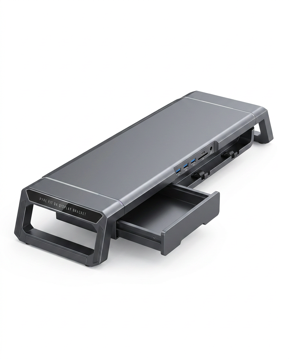 Rear view of the grey monitor stand showing USB ports and pulled-out drawer