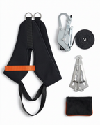 Flat lay of the full neck traction kit: halter, pulley, bracket, strap and pouch