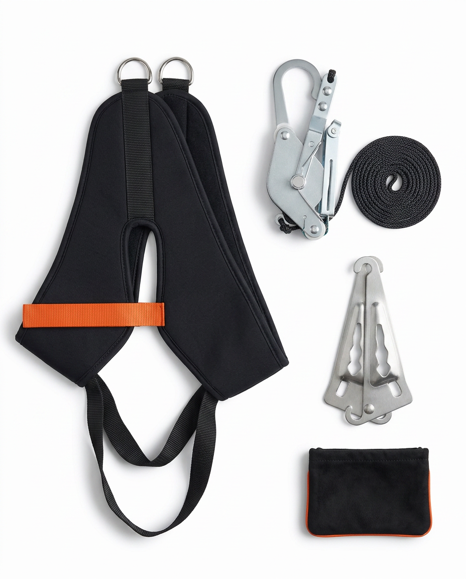 Flat lay of the full neck traction kit: halter, pulley, bracket, strap and pouch