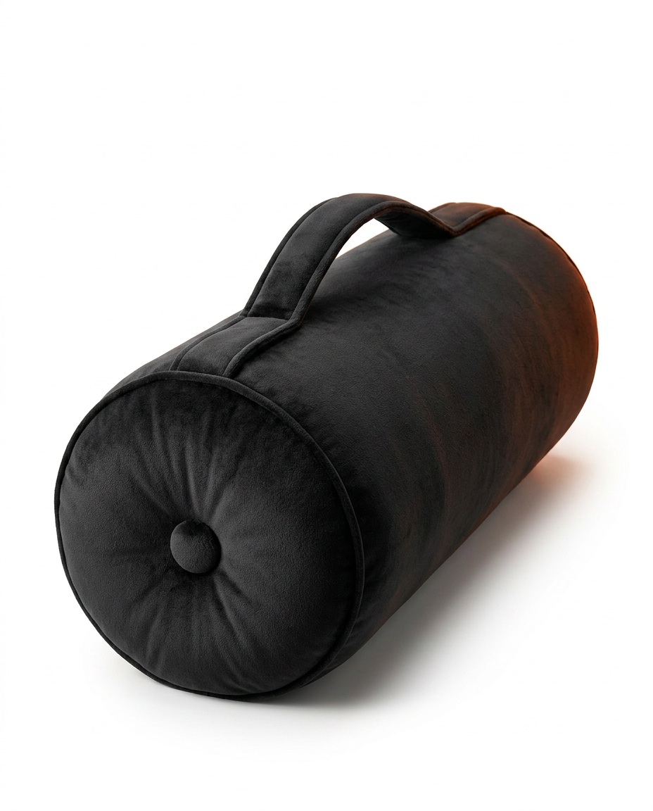 Three-quarter packshot of the black velvet bolster with tufted end and handle