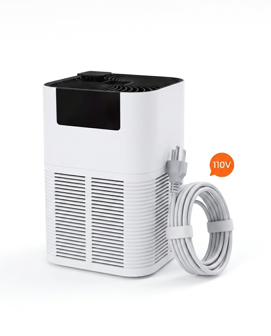 White air purifier with coiled US plug cord and 110V badge
