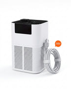 White air purifier with coiled US plug cord and 110V badge