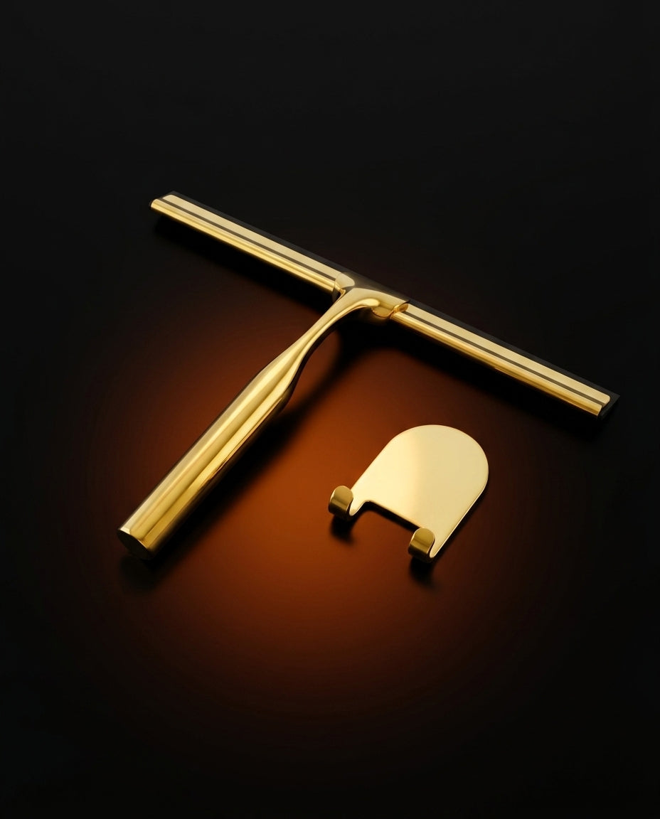 Brass shower squeegee and wall hook laid flat on a dark glowing surface