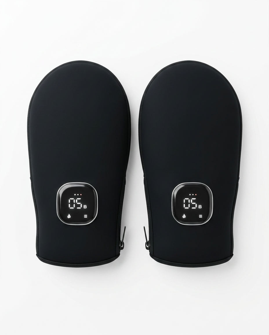 Top view of the pair of black heated mittens with LED displays