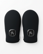 Top view of the pair of black heated mittens with LED displays