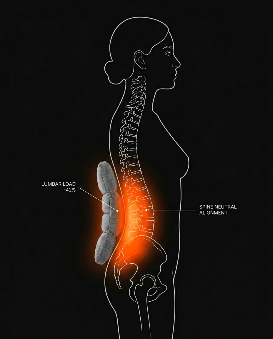 Diagram showing the cushion cutting lumbar load and keeping the spine neutral