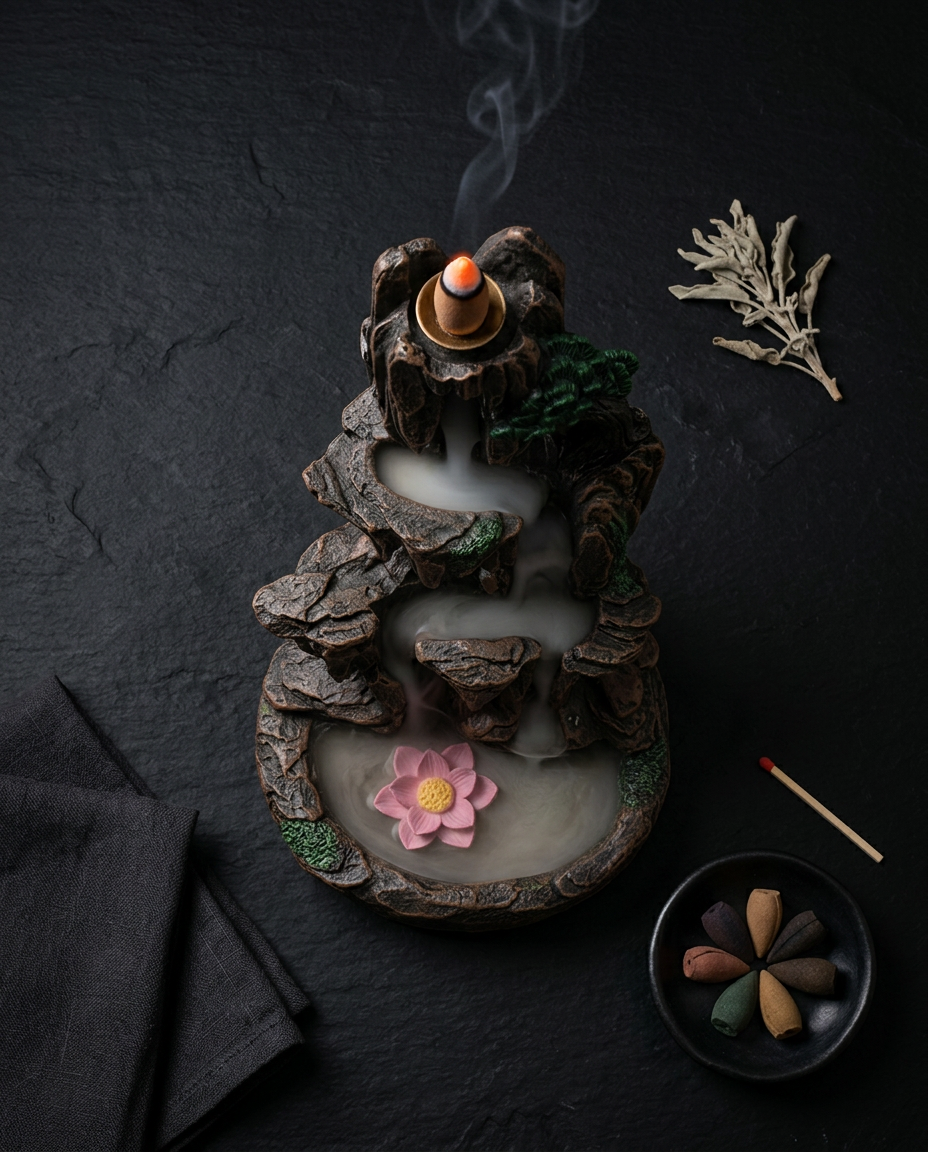 Flatlay of the incense holder with cones and matches on dark linen