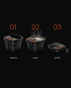 Three-step routine infographic: unfold, soak and store the foot spa