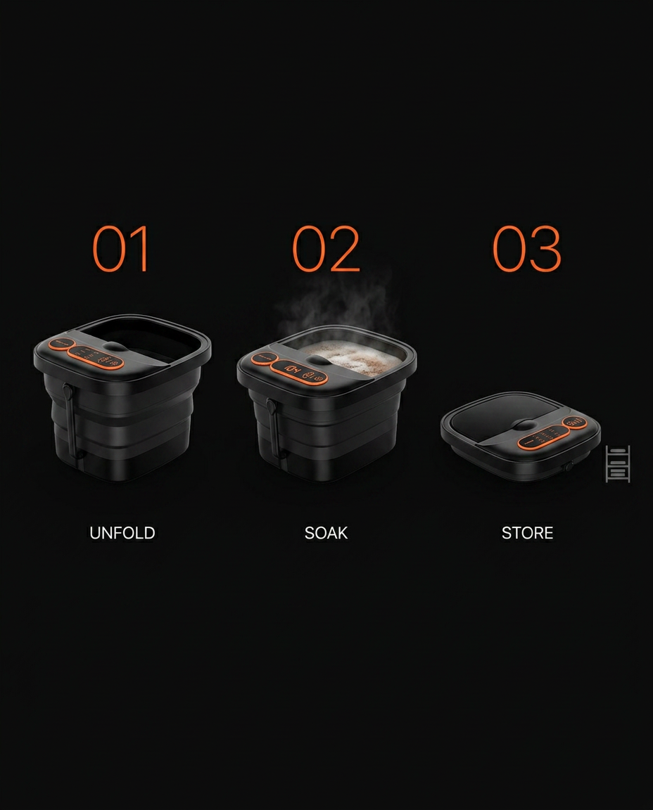 Three-step routine infographic: unfold, soak and store the foot spa
