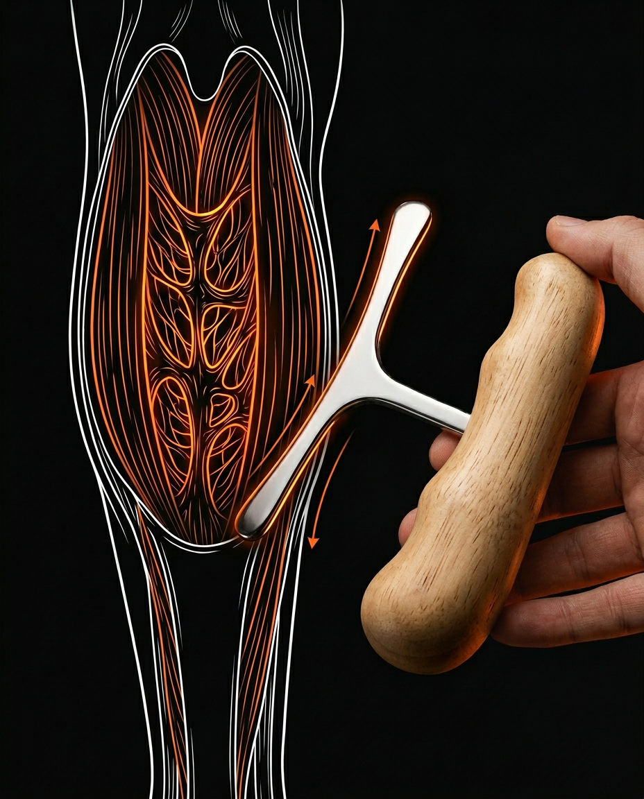 Anatomy illustration of leg muscle fascia being worked with the steel tool