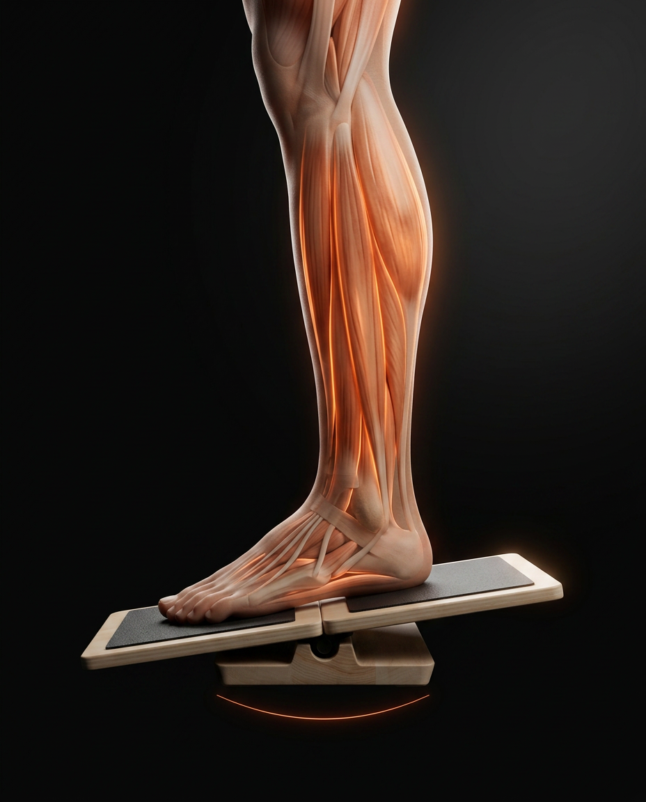 Diagram of glowing ankle stabilizer muscles while standing on the rocker board