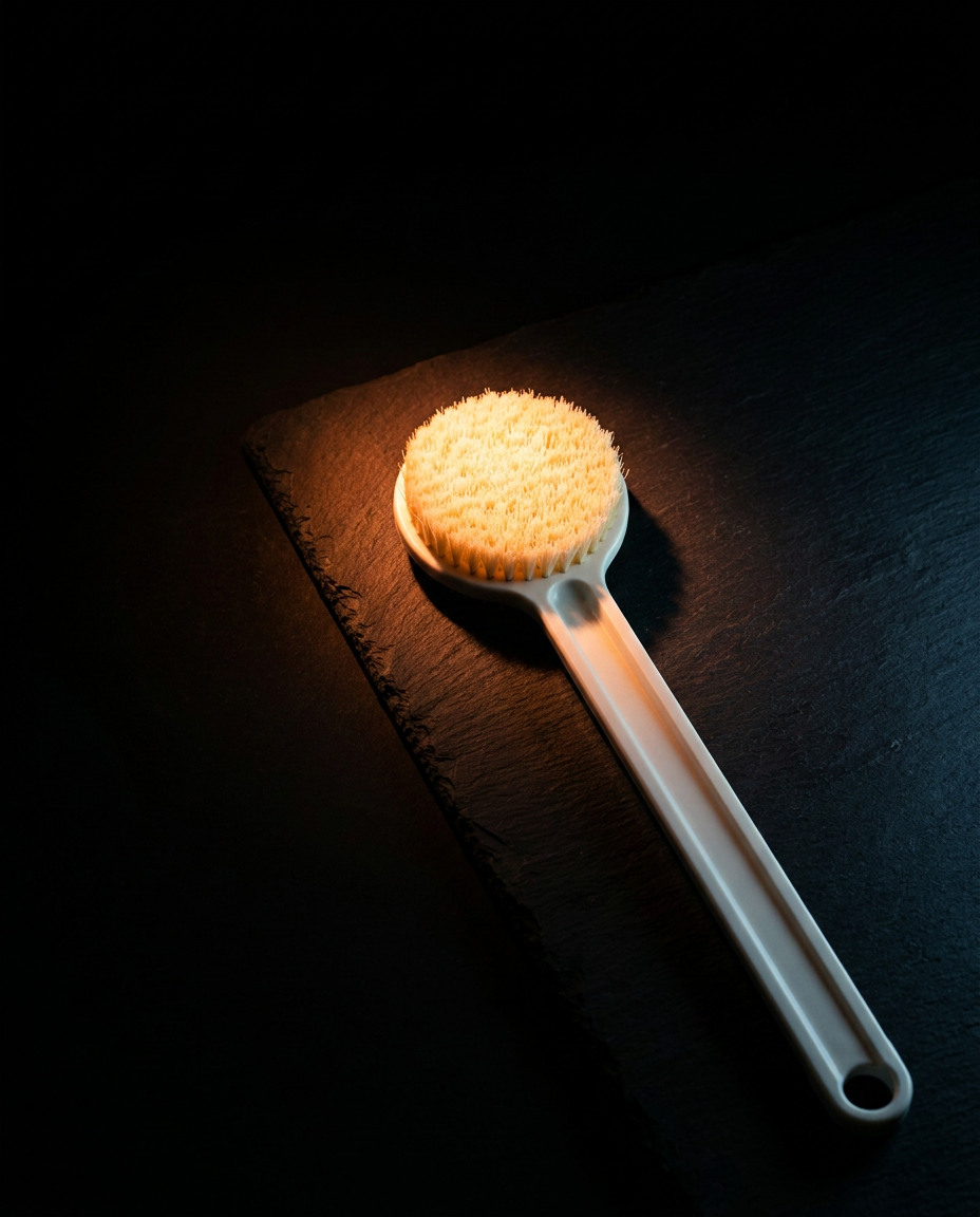 Body brush lit on dark slate, highlighting the dense soft bristle head