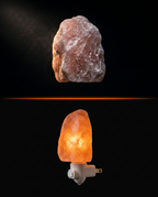Raw pink salt rock above the finished glowing Himalayan salt lamp