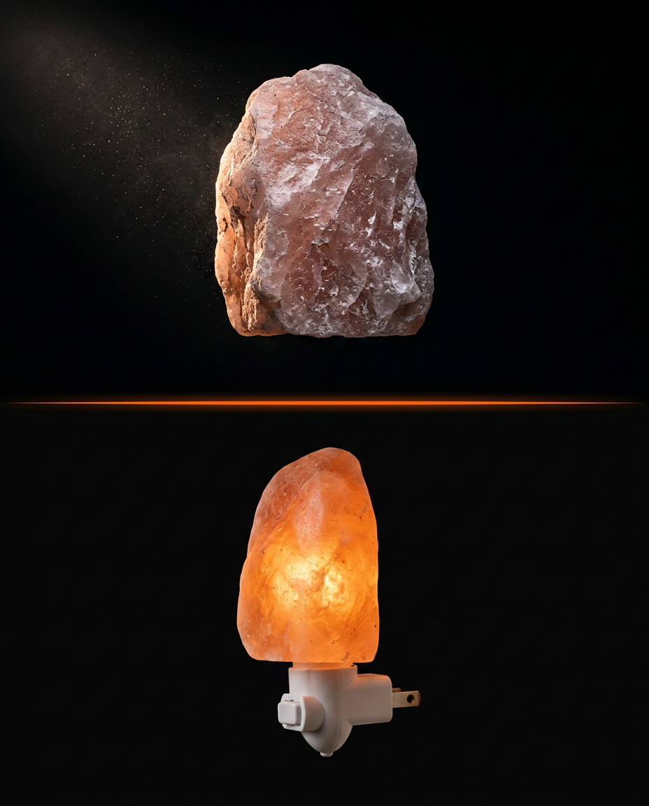 Raw pink salt rock above the finished glowing Himalayan salt lamp