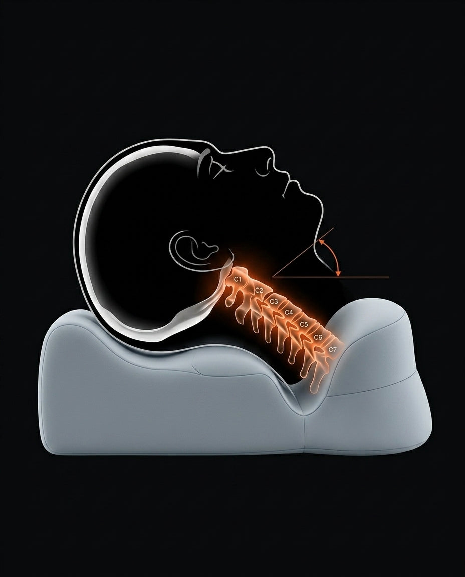 Spine alignment diagram of cervical vertebrae cradled on the contour pillow
