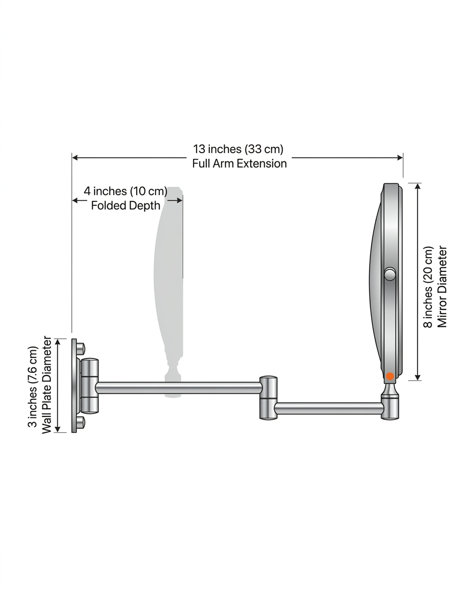 Size diagram of the vanity mirror with dimensions in inches and centimeters
