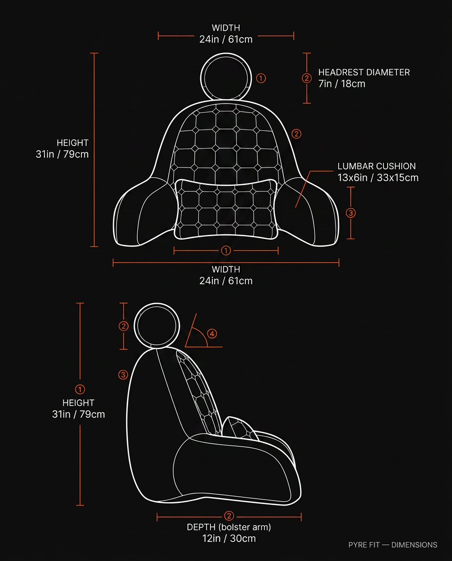 Reading pillow dimensions infographic showing width, height and depth in inches and cm