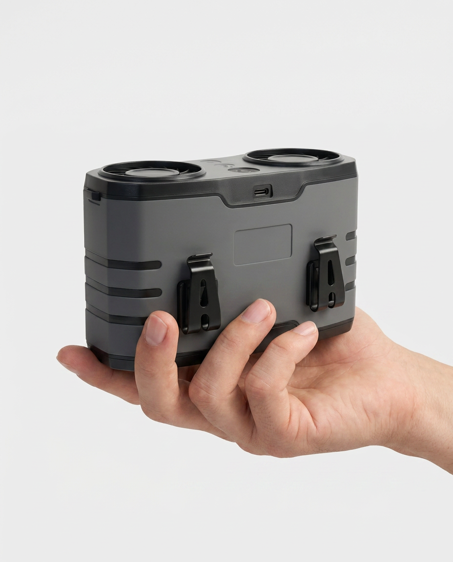 Hand holding the palm-sized cooling unit to show its compact scale