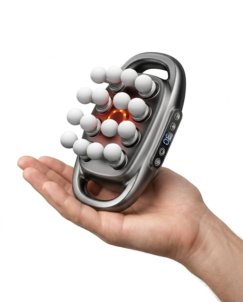 Hand holding the compact 16-head massage gun to show its handheld size