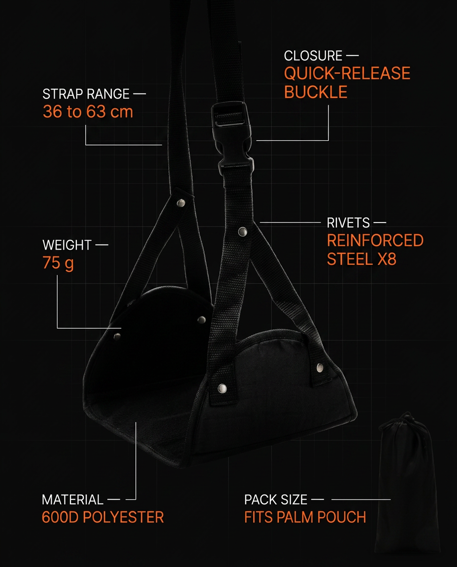 Foot hammock specs: strap range, quick-release buckle, steel rivets
