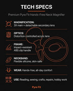 Tech specs sheet listing the neck magnifier optics, frame and neckband details