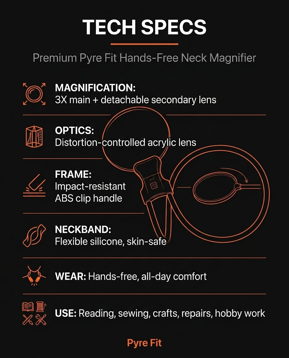 Tech specs sheet listing the neck magnifier optics, frame and neckband details