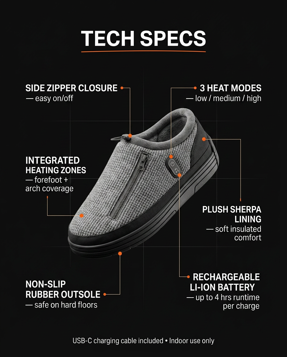 Tech specs callout for the heated slippers: zip, heat modes, sherpa lining